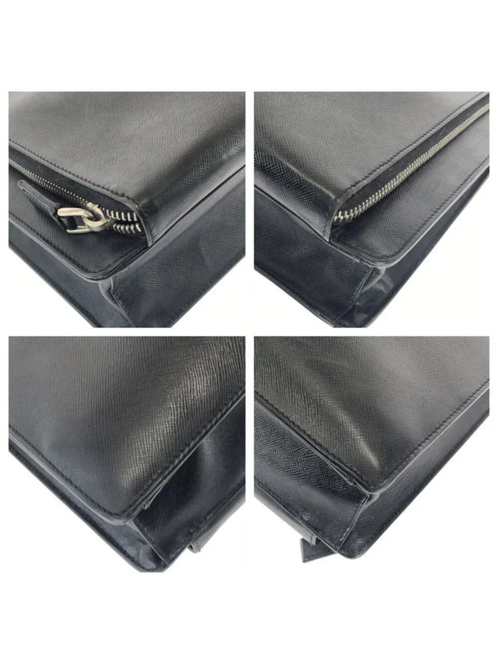 Prada Saffiano Black Silver Leather Business Briefcase